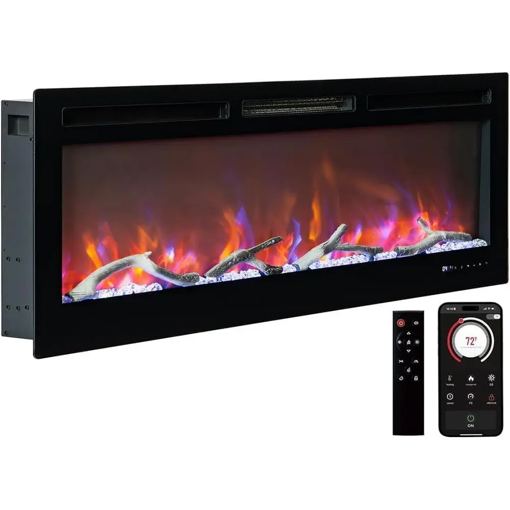 

50 Wall-Mounted Smart Electric Fireplace with Infrared Linear Flame, 750W/1500W, 13 Heat Settings, Low Noise, Alexa & Remote Con
