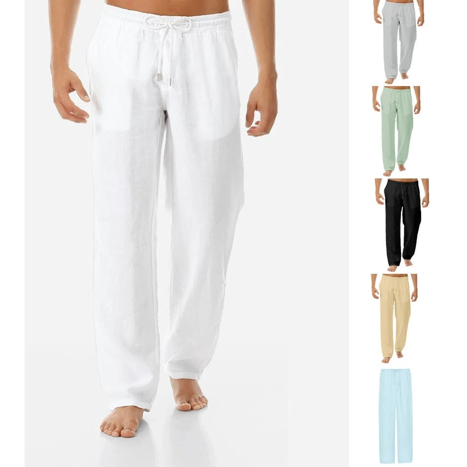 

Wish New Men's Simple Fashion Pure Color Casual Cotton Linen Long Pants Loose Fit mid Waist Straight Tube Trousers