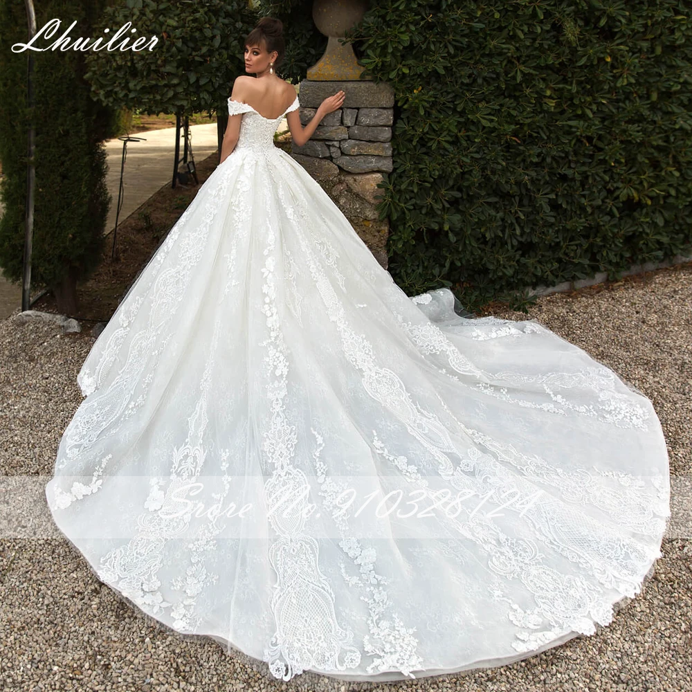 Lhuilier Women's Ball Gown Lace Wedding Dresses Off the Shoulder Floor Length Beaded Bridal Gowns with Cathedral Train