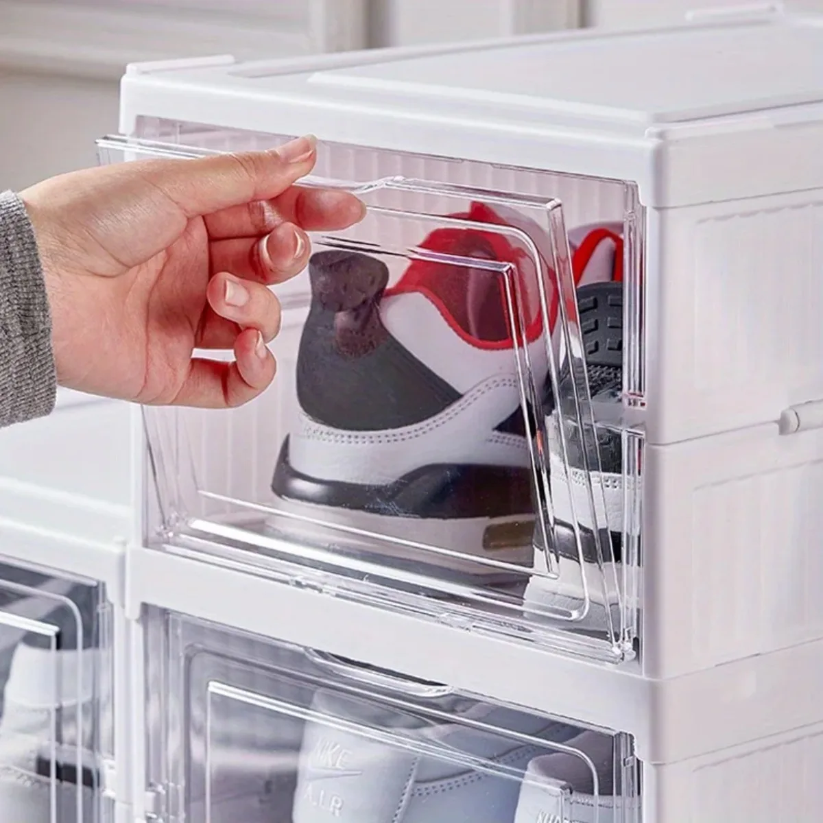 Shoe Storage Cabinet Stackable Organizer Dustproof Plastic Shoe Box Storage Rack with Doors Space Saving Entryway