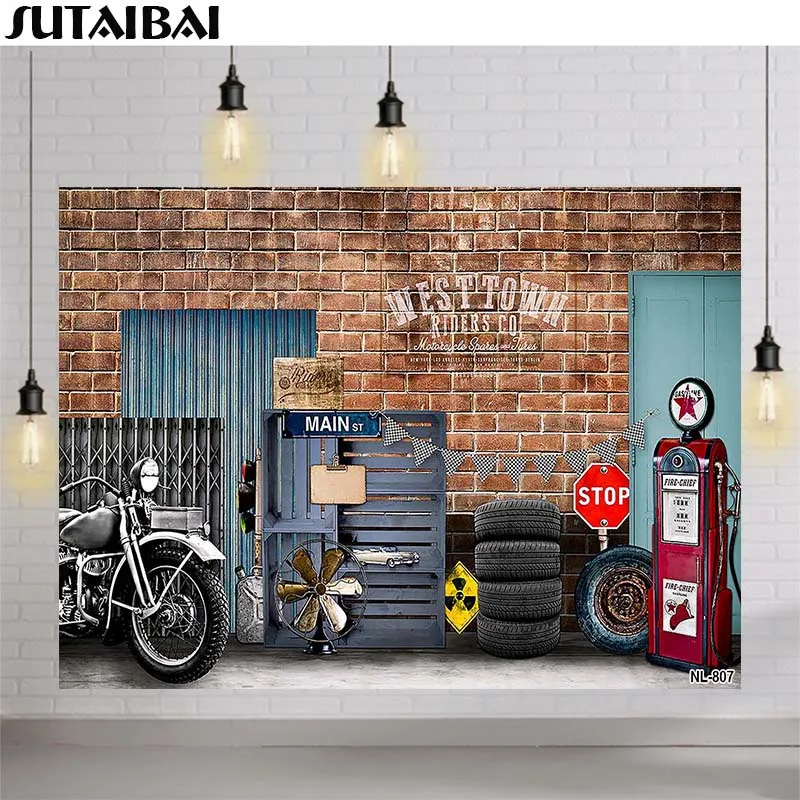 Retro Motorcycle Car Repairs Garage Photography Background Tool Workshop Baby Backdrop Photocall Photobooth Props Brick Wall