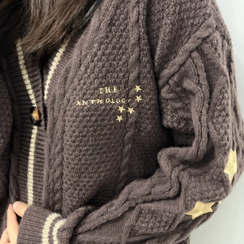 Autumn Winter Star Cardigan Women Letter Embroidered Sweater for Concert Tops Female Fashion Dark Brown Knitted Cardigans Mujer