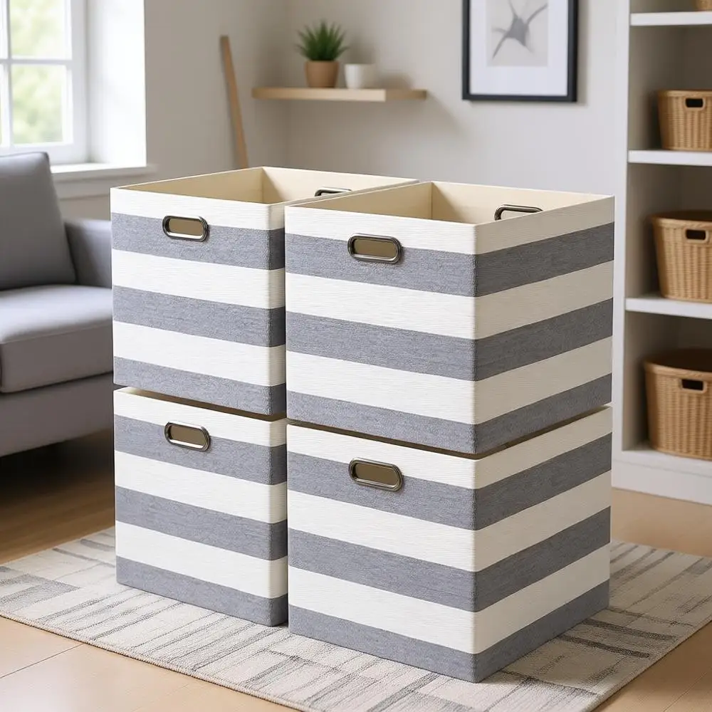 

13x15x13 Storage Cubes, Foldable Fabric Organizer Baskets, Striped Decorative Storage Boxes for Shelves, Wardrobe, Closet, Home