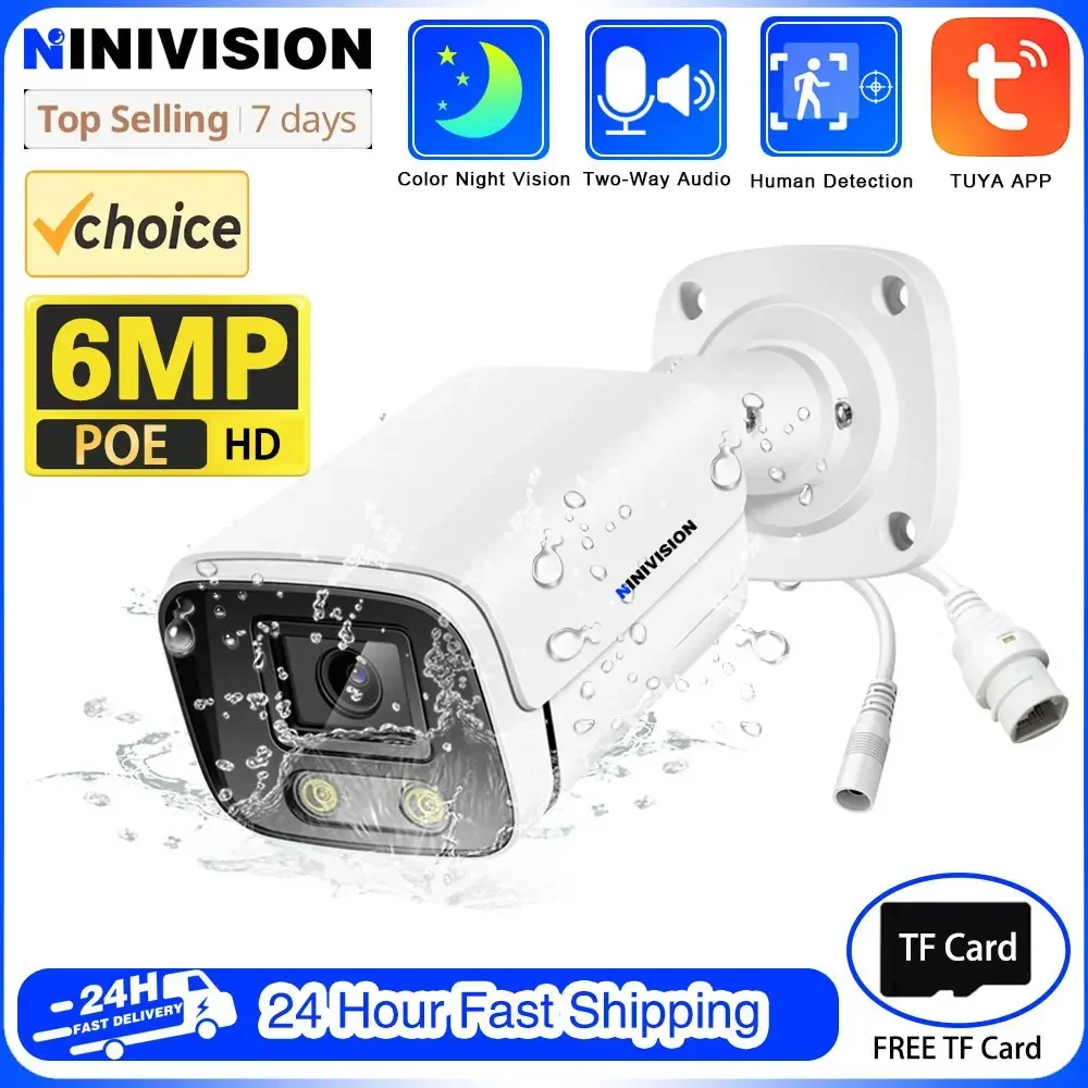 

6MP IP Camera 3K ColorVu Bullet 24/7 Colorful Imaging Full Color Night Vision PoE Built-in MIC TF Card Video Surveillance TUYA