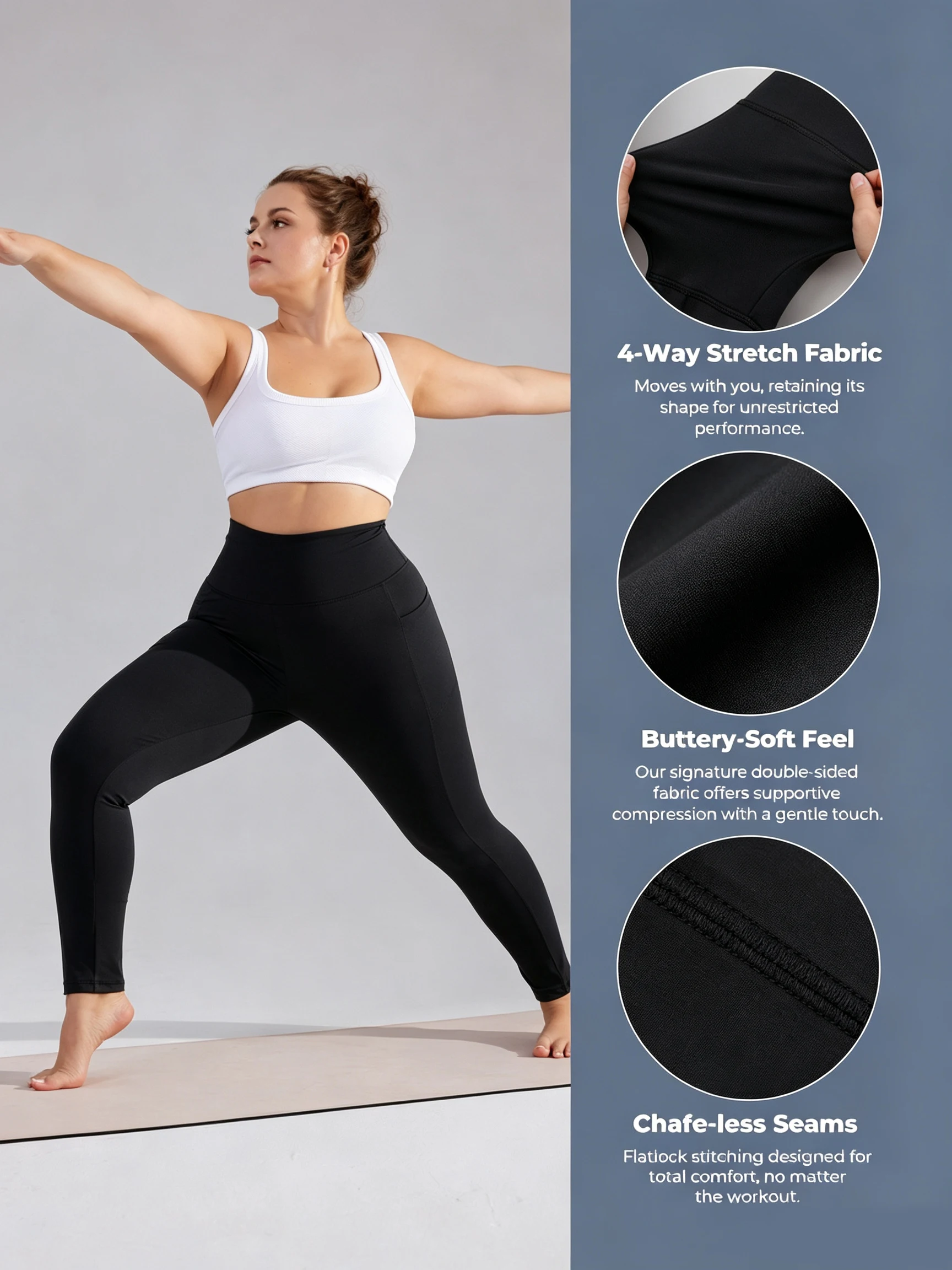 Plus-Size-Leggings für Damen mit Taschen, Bauchkontrolle, Plus-Size-Yogahosen, Hochtaillierte Sportbekleidung – Detail 3