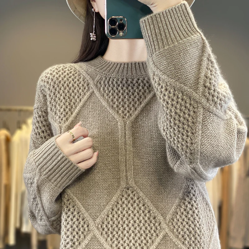 Winter Tick Warm Women 100% Merino Wool Sweater Round Neck Diamond Hollow Knit Raglan Sleeve Loose Casual Knit Pullover