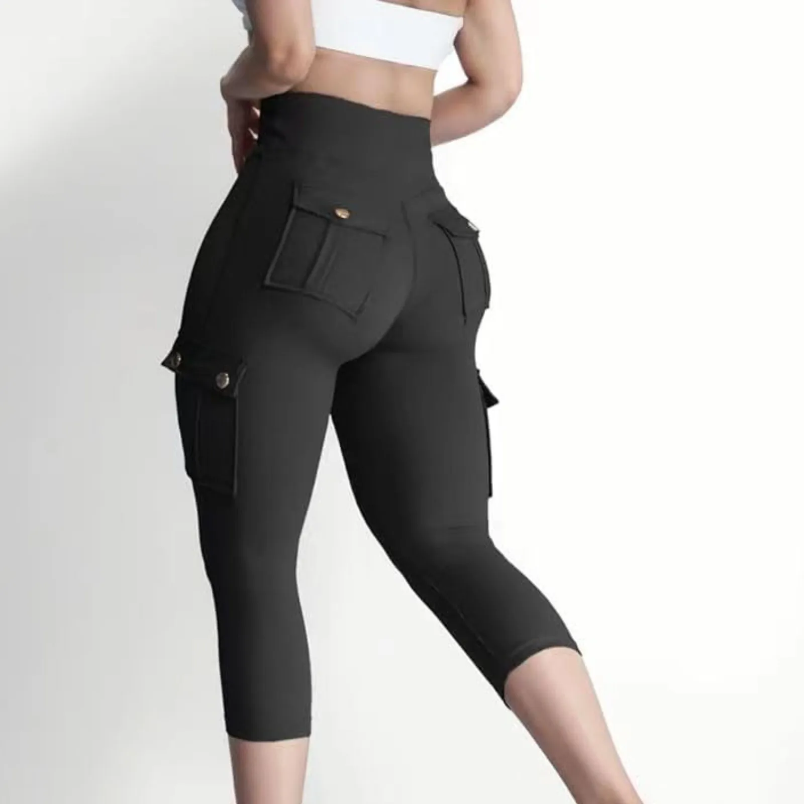 Butt Lifting Legging Dames Casual Hoge Taille Effen Kleur Cargo Legging Zomer Workout Strakke Fit Yogabroek Met Zakken 2024