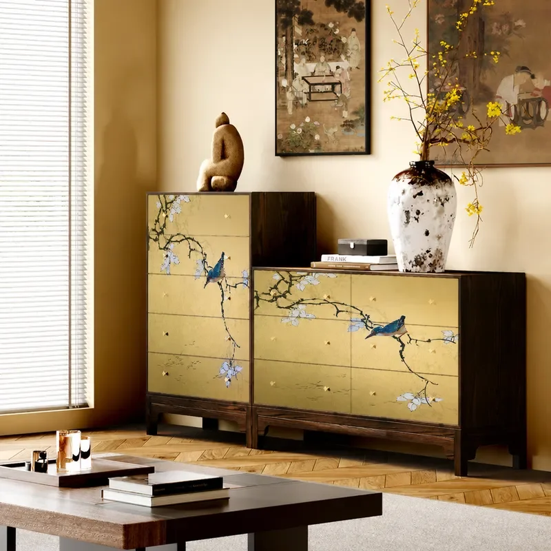 Solid Wood Flower and Bird Bucket Cabinet Bedside Drawer Storage Locker for Bedroom Living Room Decorative Furniture