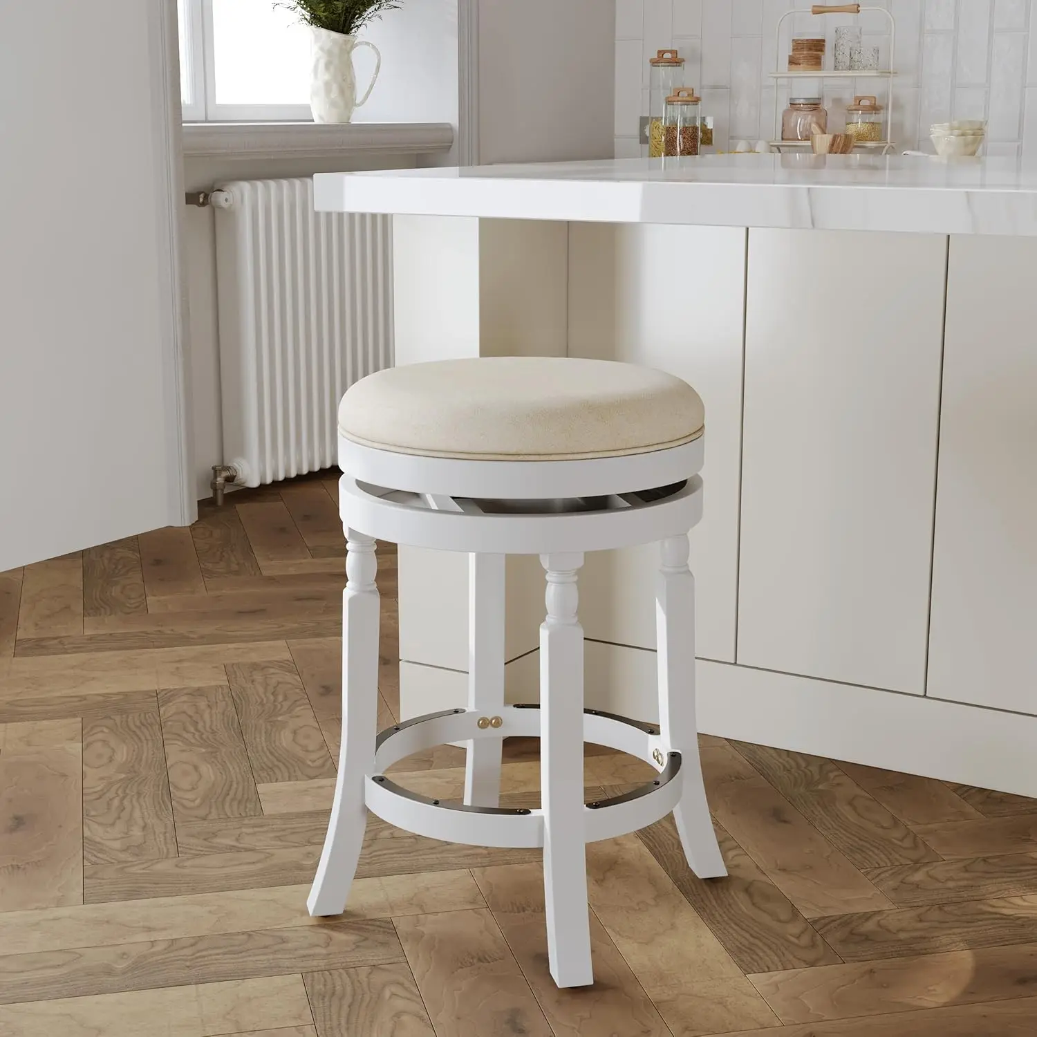 Palmer Lake 26' Counter Stool, White with Beige Fabric, Swivel, Contemporary Indoor Bar Stool