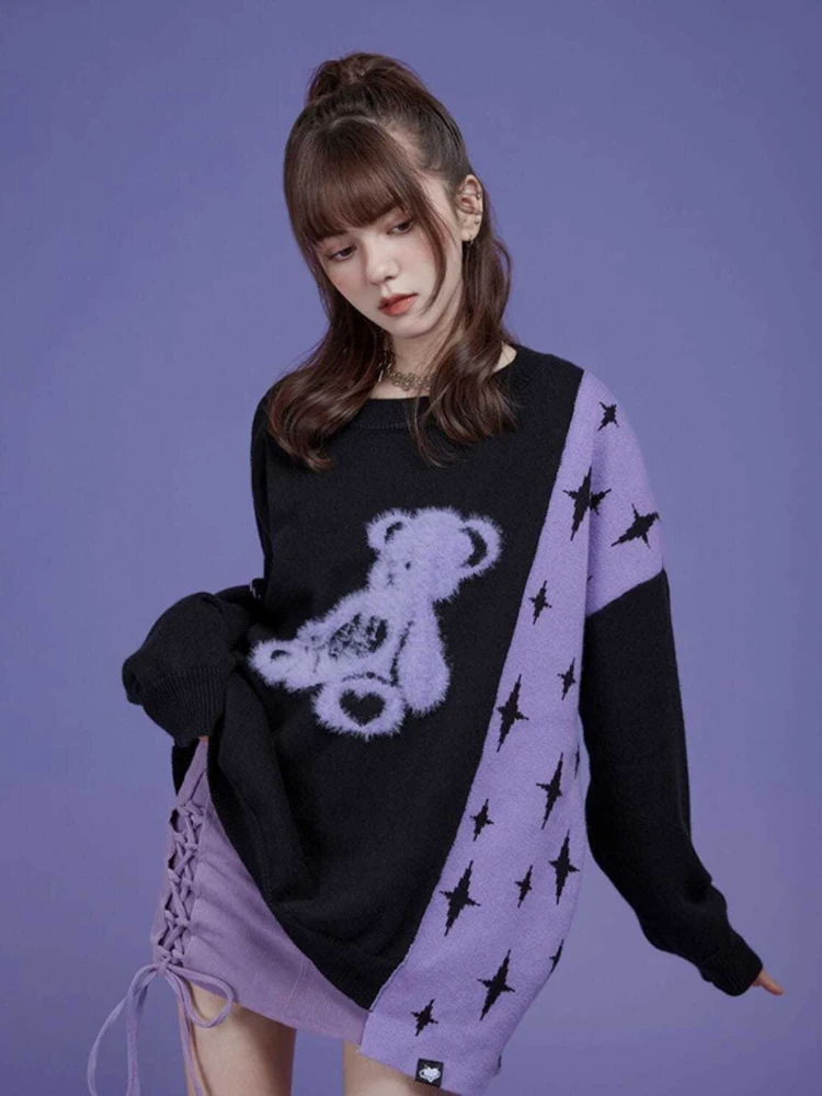 2024 Spring Sweater Women Bear Star Print Patchwork  Loose Harajuku Grunge Pullover Korean Japan Thick Streetwear Jumper