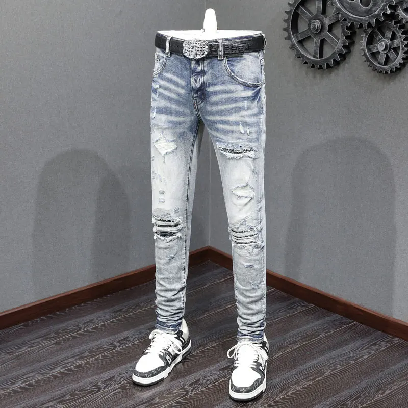 Y2K High Street Fashion New Men's Jeans Wrinkle Washed Nostalgic Perforated Light Blue Jeans Hip Hop Brand Splicing Pants Hombre