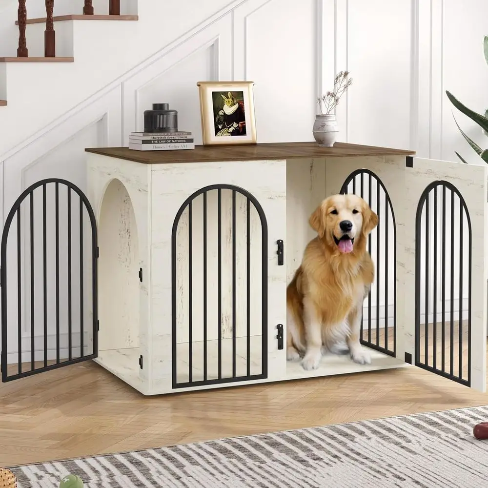 

Wooden Dog Crate Furniture, Indoor Kennel for Small to Large Dogs, Heavy Duty Decorative Pet House with Side Table, White and Br