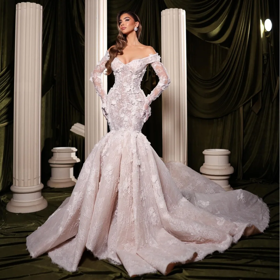 

Exquisite Off the Shoulder Trumpet Wedding Dresses Lace Appliqued 3D Flowers Bridal Gown with Gloves robe de mariée Customized