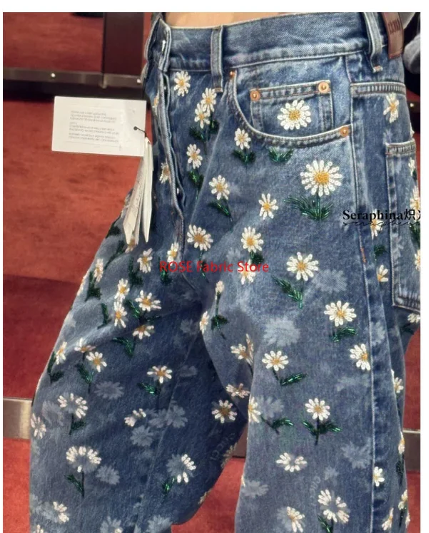 Tela vaquera azul con bordado de cuentas y lentejuelas de Margarita Para pantalones, chaqueta, Telas Para Costura, Tissus Couture, Material de costura