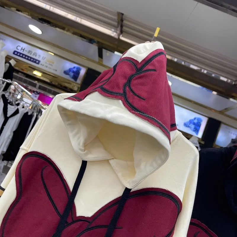 Kawaii Clothes 2025 Autumn Hoodies Heavy Industry Patchwork Cartoon Hooded Sweatshirt For Women's Loose Casual New Top Pullovers