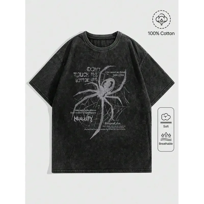 

Grunge Punk vintage and distressed spider slogan print snow-washed short-sleeve T-shirt, suitable for women, suitable for hip-ho