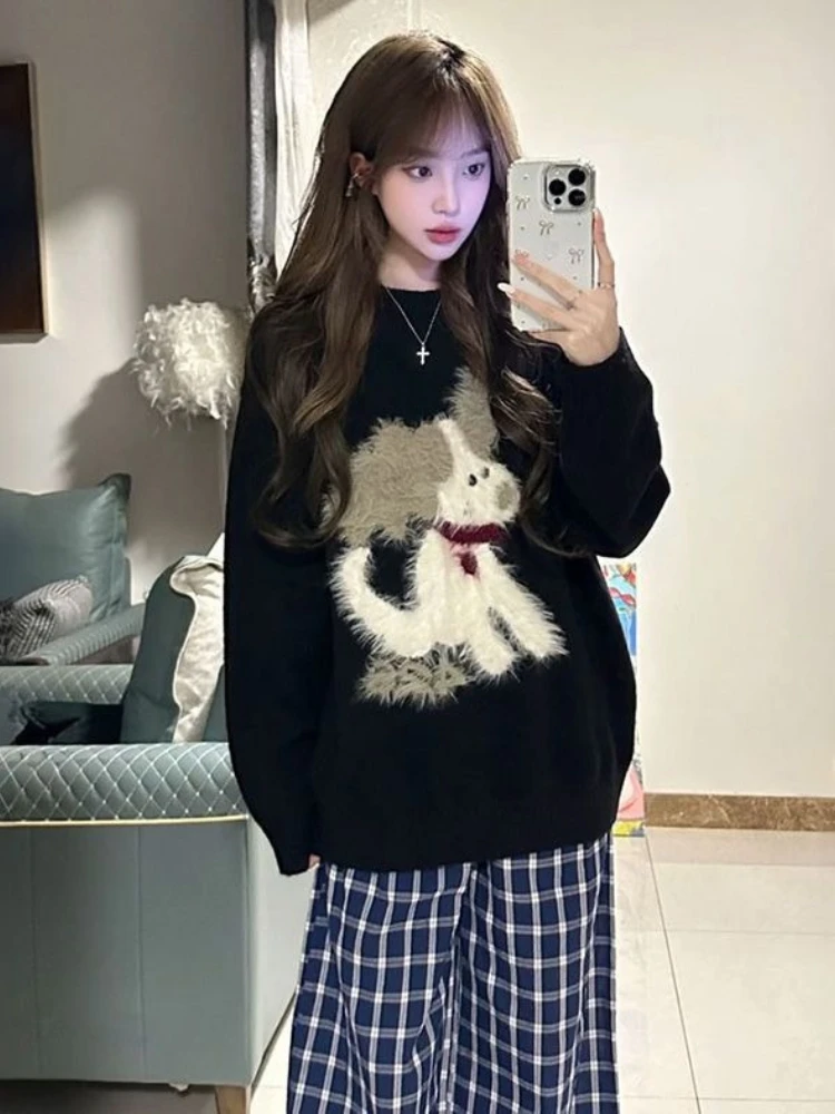 2025 nueva moda coreana, suéteres de Jacquard con dibujos de perros, Jersey holgado informal de otoño e invierno para mujer, suéter de punto, Tops de gran tamaño
