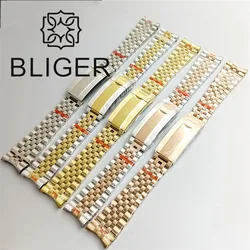 BLIGER 20mm Curved End Link Jubilee Bracelet Silver Gold Rose Gold 904L Stainless Steel Watch Band Fit 40mm Watch Case Slide