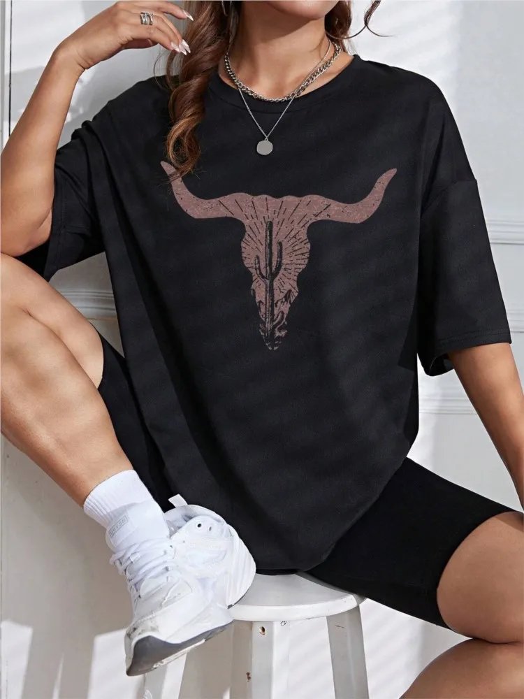 NEW Spring Cotton Womans T-Shirts Simple Cattle Printing Short Sleeve Tees Fashion Casual Female Clothes Comfortable Street Tops