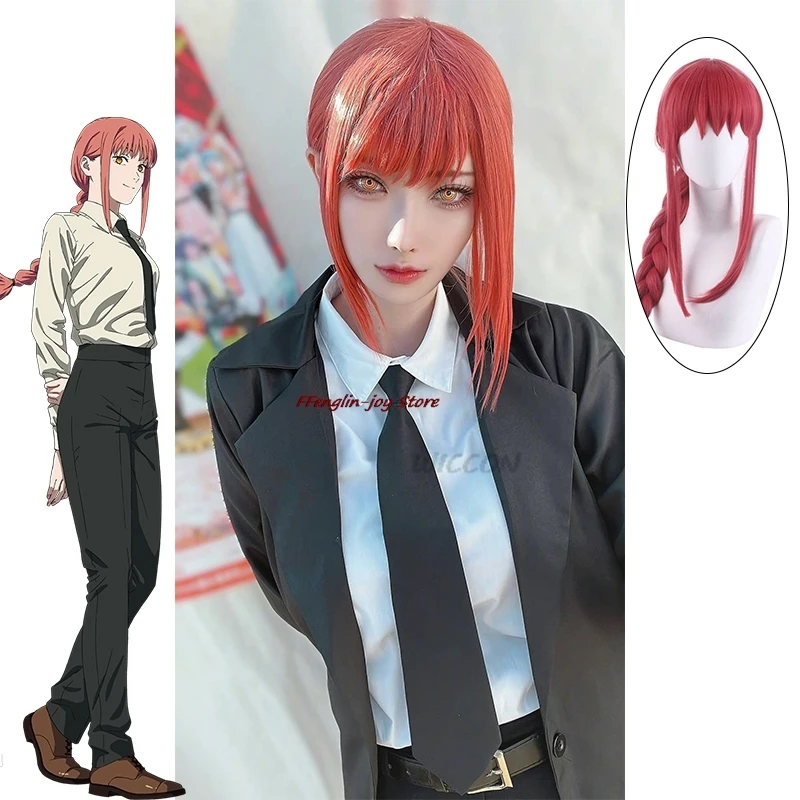 Disfraz de motosierra de Anime para hombre, Makima, Cosplay, gabardina negra, camisa, corbata, pantalones, peluca Makima, trenza larga roja clara, traje para hombres y mujeres, uniformes