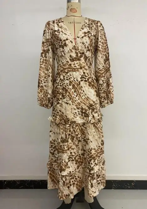 

Womens Dresses 2025 New Spring Autumn Fashion Print Long Sleeved V-Neck Slit Casual Slim Fit Daily Vacation Long Dress