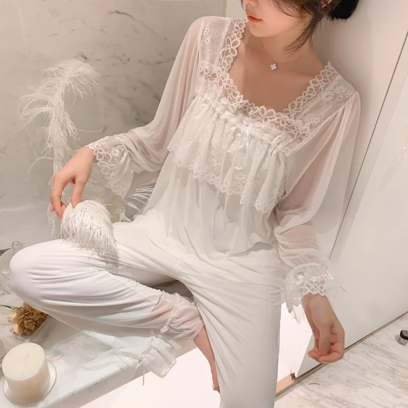 French Vintage Lace Women Pajamas Two-piece Suits Women Long Sleeve Ruffles Pants Princess Sleepwear Loose Casual Home Suit