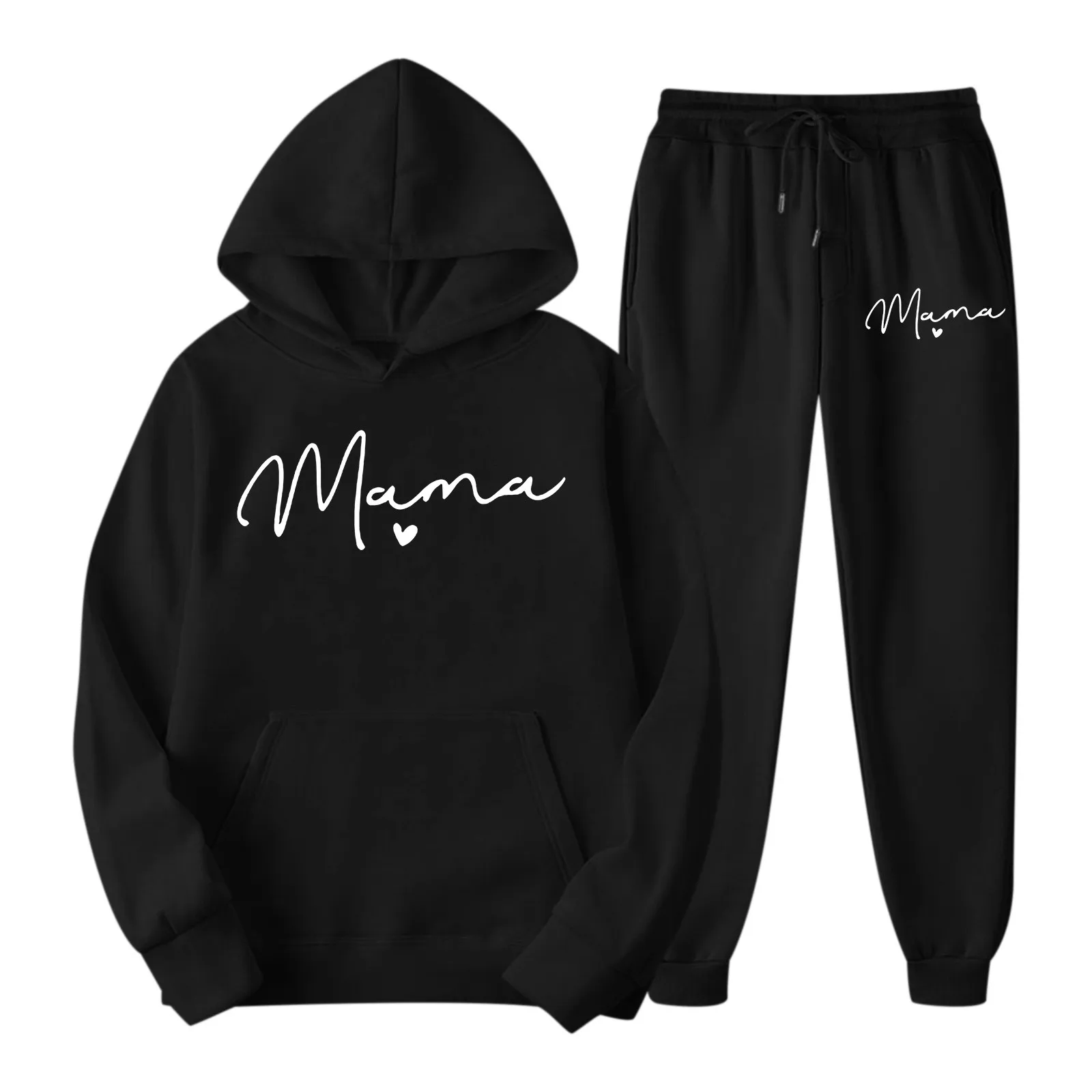 American Loose Retro Sweatshirt Sweatpants Set Love Mama Letter Print Graphic Hoodies Drawstring Long Pants Oversize Hoodies