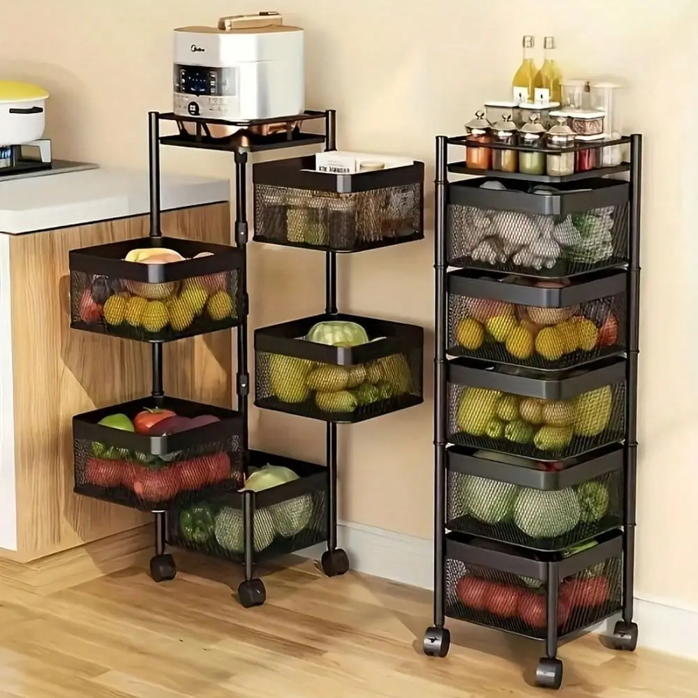 

Tier Rotating Kitchen Storage Shelf , Metal Fruit Vegetable Storage Basket MultiLayer Vegetable Rack Storage Trolley On Wheels,