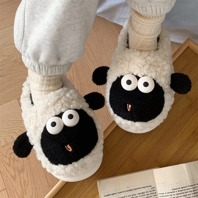 Women Cute Sheep Warm Cotton Slippers Fluffy Furry Home Platform Slippers Female Winter Plush Slides Lovely Indoor Fuzzy Shoes