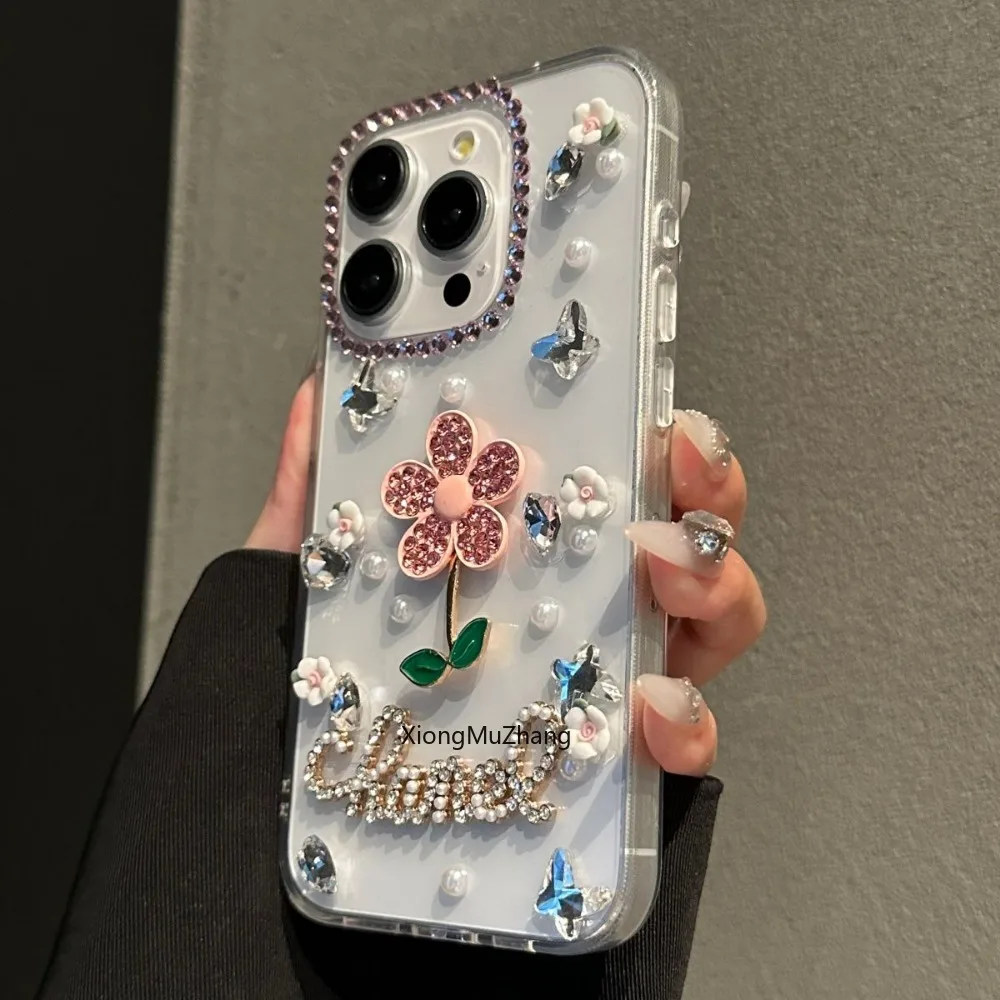 Transparent Rhinestone Three-dimensional Flower Back Cover for IPhone 13 Pro Max 15Pro Max 14 12 Pro 11 Diamond Girl Custom Case