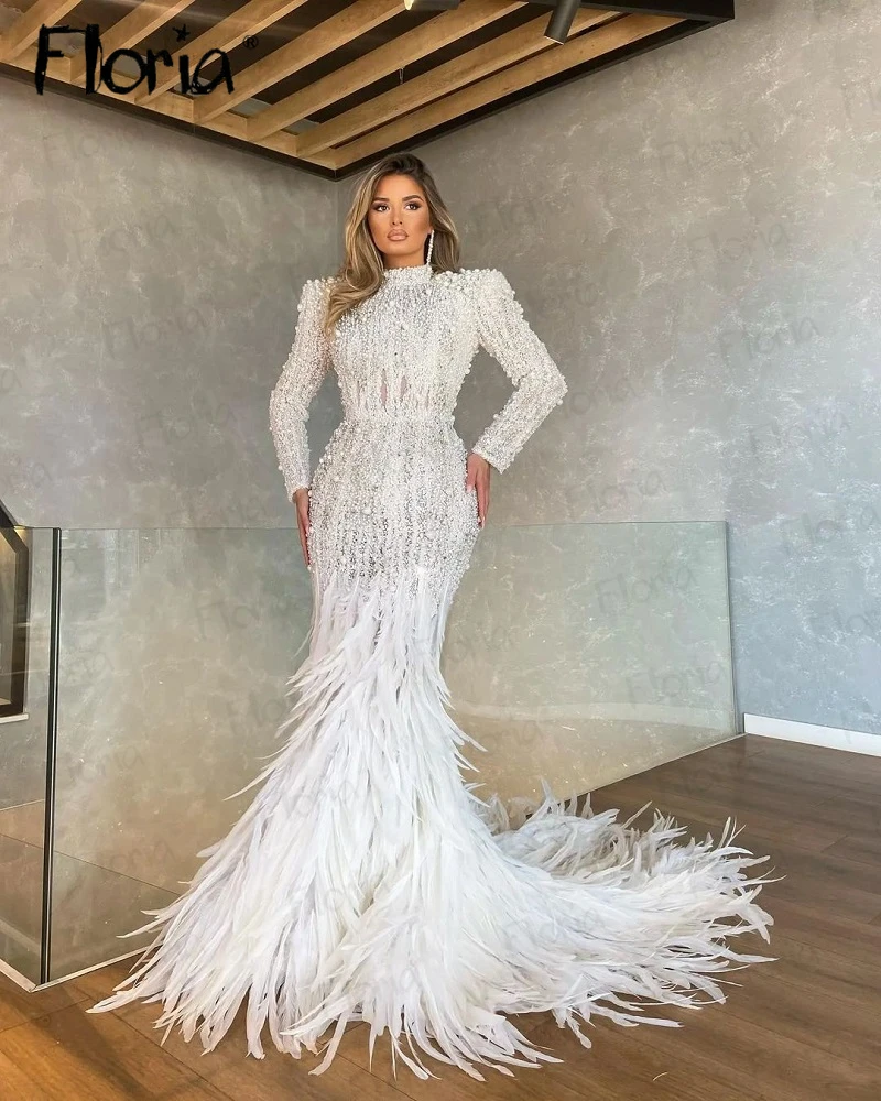 Ivory Feathers Evening Dress Middle East Muslim Vestido De Noiva Custom Made Plus Size Formal Prom party Gowns Handmade Dress