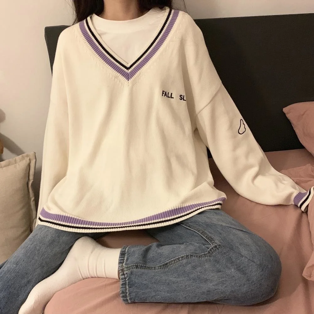 Sweaters Women Ulzzang Letter Chic Vintage Japanese Style Cute Sweater Winter Kawaii Casual V Neck Harajuku Knitted Sweaters