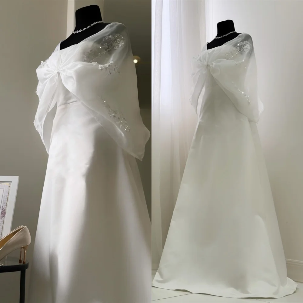 

Customized Exquisite White Organza Sequined Wedding Dress Luxury Strapless Shawl Sleeveless Chapel Train Backless Bridal Gowns