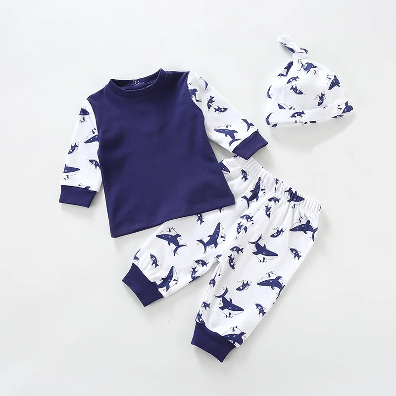 

3M-24M Newborn Baby Boy Clothing Set Print Cotton Top Pants Hats 3pcs Outfit Set Infant Autumn Spring Layette Gift Set