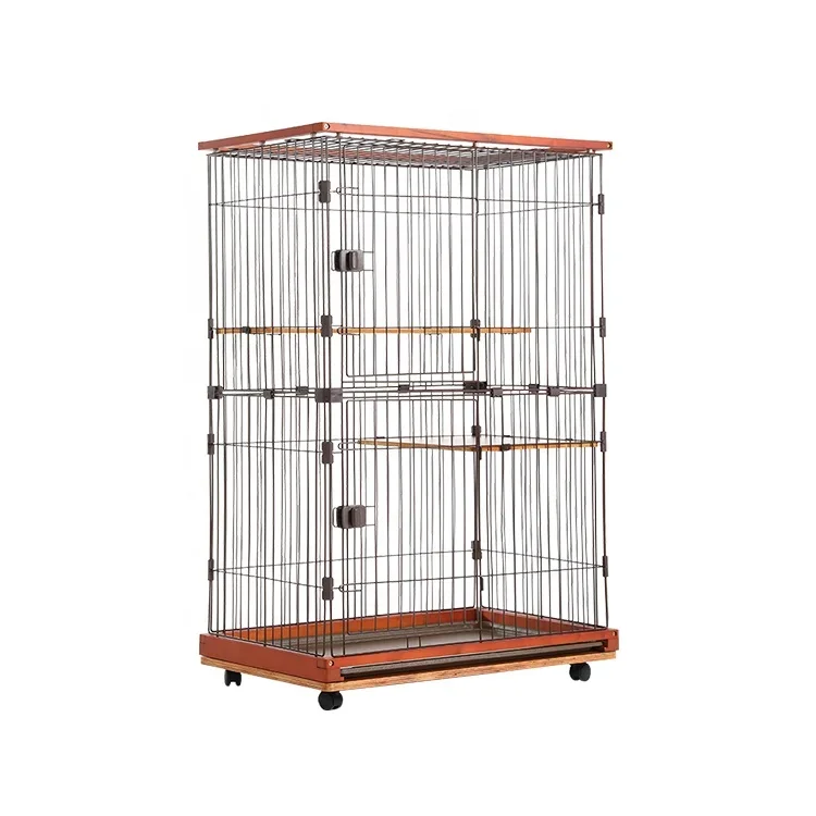 Wholesale Metal Wired 3 Layer Cat Cage Wooden Frame Cat Rabbit Cage with Wheel