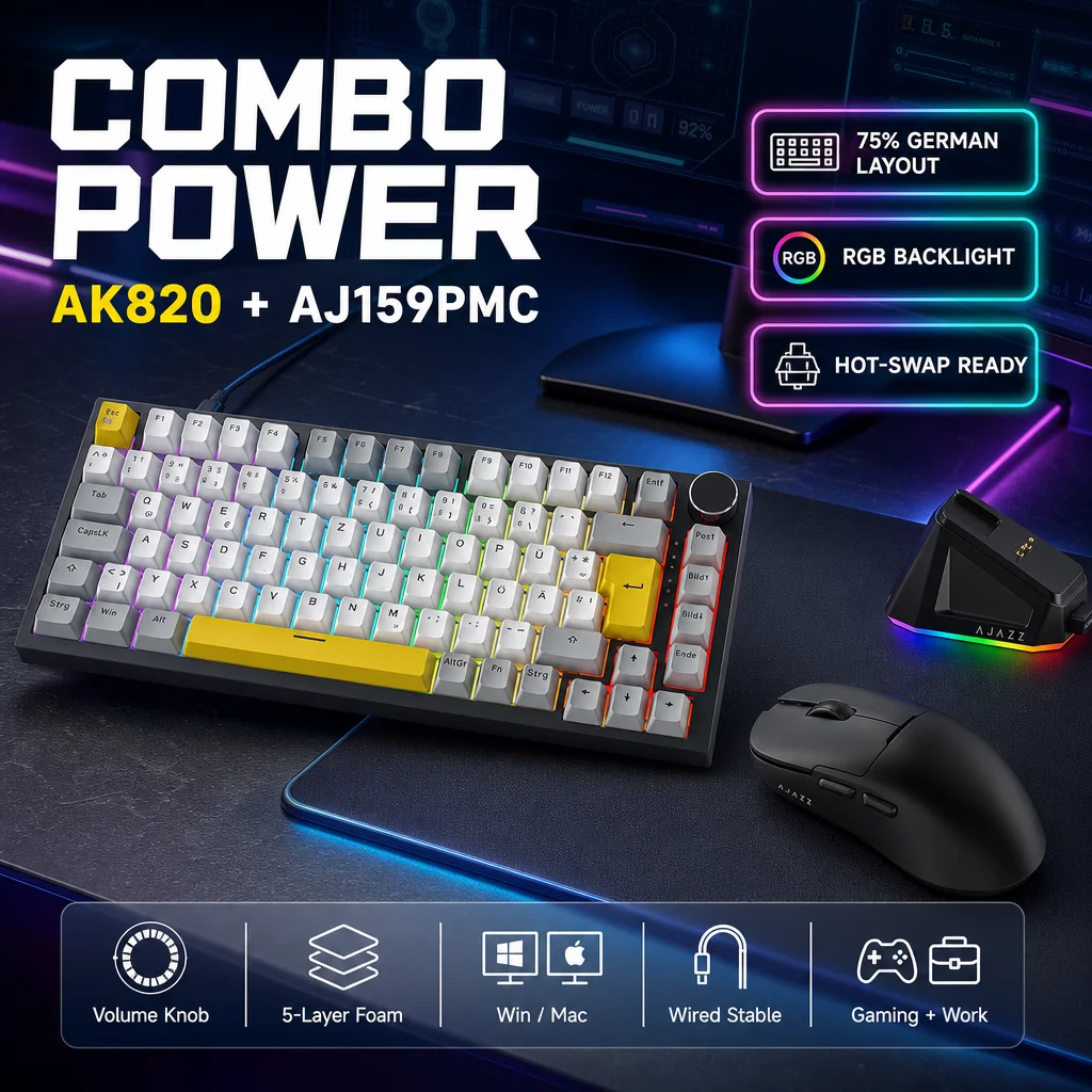 AJAZZ AK820+AJ159PMC Tastatur-Maus-Set, 75% kompaktes kabelgebundenes mechanisches Set, DE-Layout, RGB-Hintergrundbeleuchtung, Hot-Swap, Drehregler-Steuerung, Gaming- und Büro-Kit, kompatibel mit