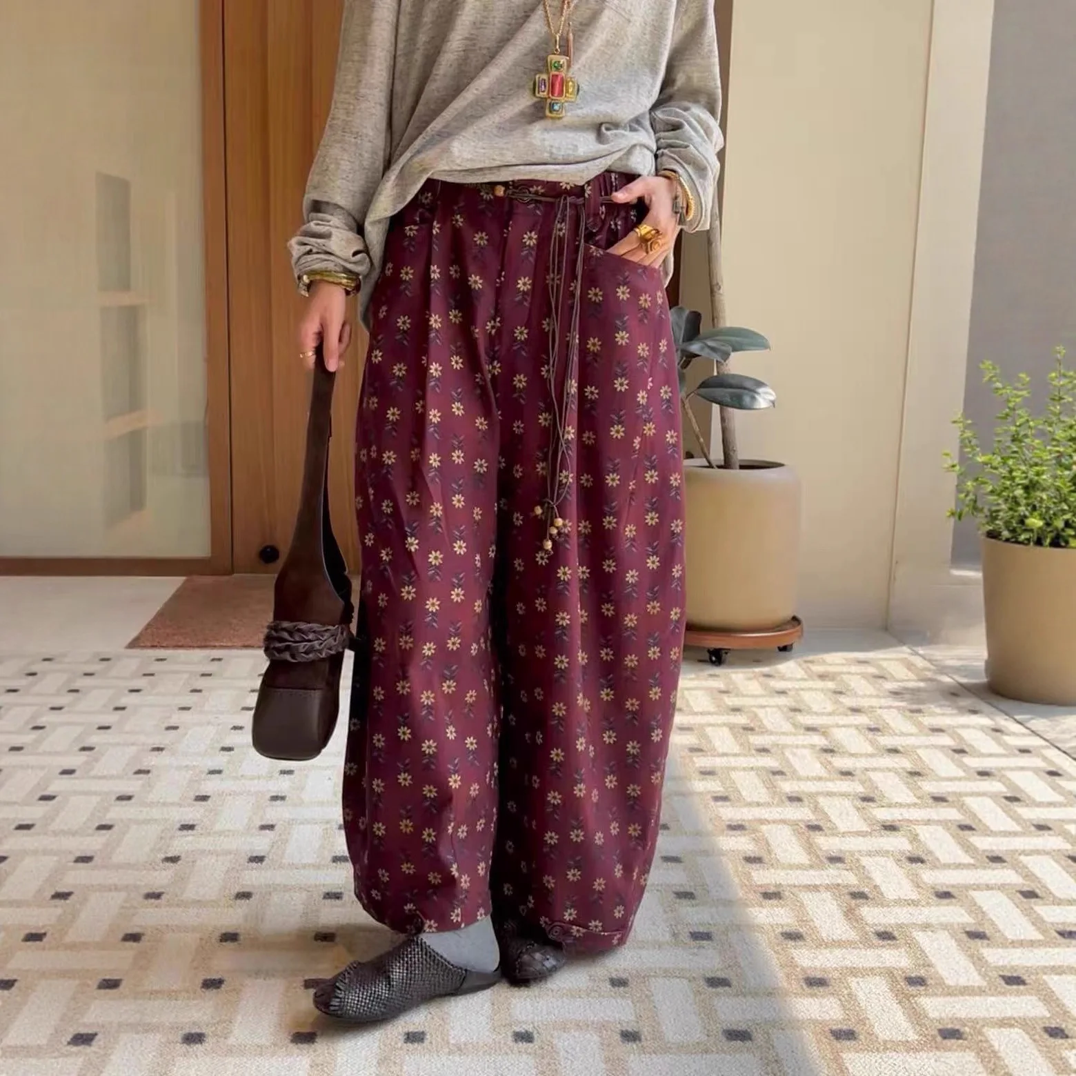 

Loose Straight Leg Cotton Printed Pants Autumn Winter New Sle Elastic Waist Ankle Length Casual Trousers for Women