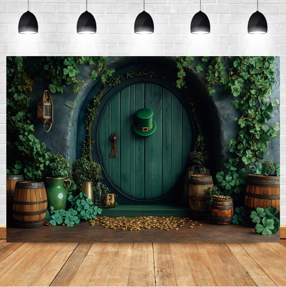 Happy St. Patrick’s Day Background Photo Irish Pub Shamrocks Wood Barrel Adult Party Booth Studio Photography Backdrop Props