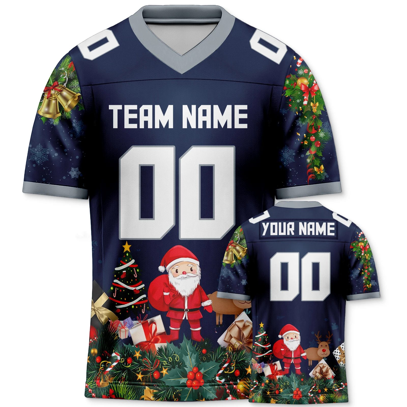 Christmas Custom Football Jersey Santa Claus Shirt Navy Print Team Name Number Personalized Gift for Fans Men Women Youth Kids