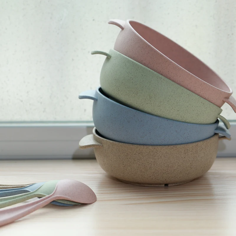 طقم أوعية من قش القمح وعصا تناول الطعام ، وعاء وملعقة منزلية ، أواني مائدة إبداعية للأطفال ، مضادة للسقوط