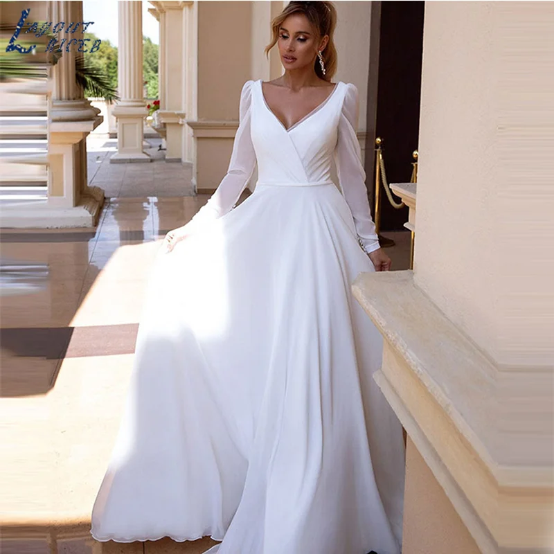 

LAYOUT NICEB Simple Chiffon Wedding Dresses For Women Long Sleeves V-Neck Bridal Bowns Backless Sweep Train A-Line Vestido Noiva