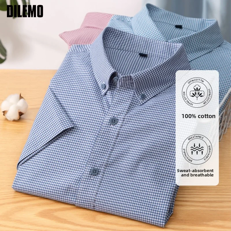 High End Anti-wrinkle 100% Cotton New Summer Brand Checkered Slim Fit Shirt Korean Short Sleeve Casual Fashion Men Clothing