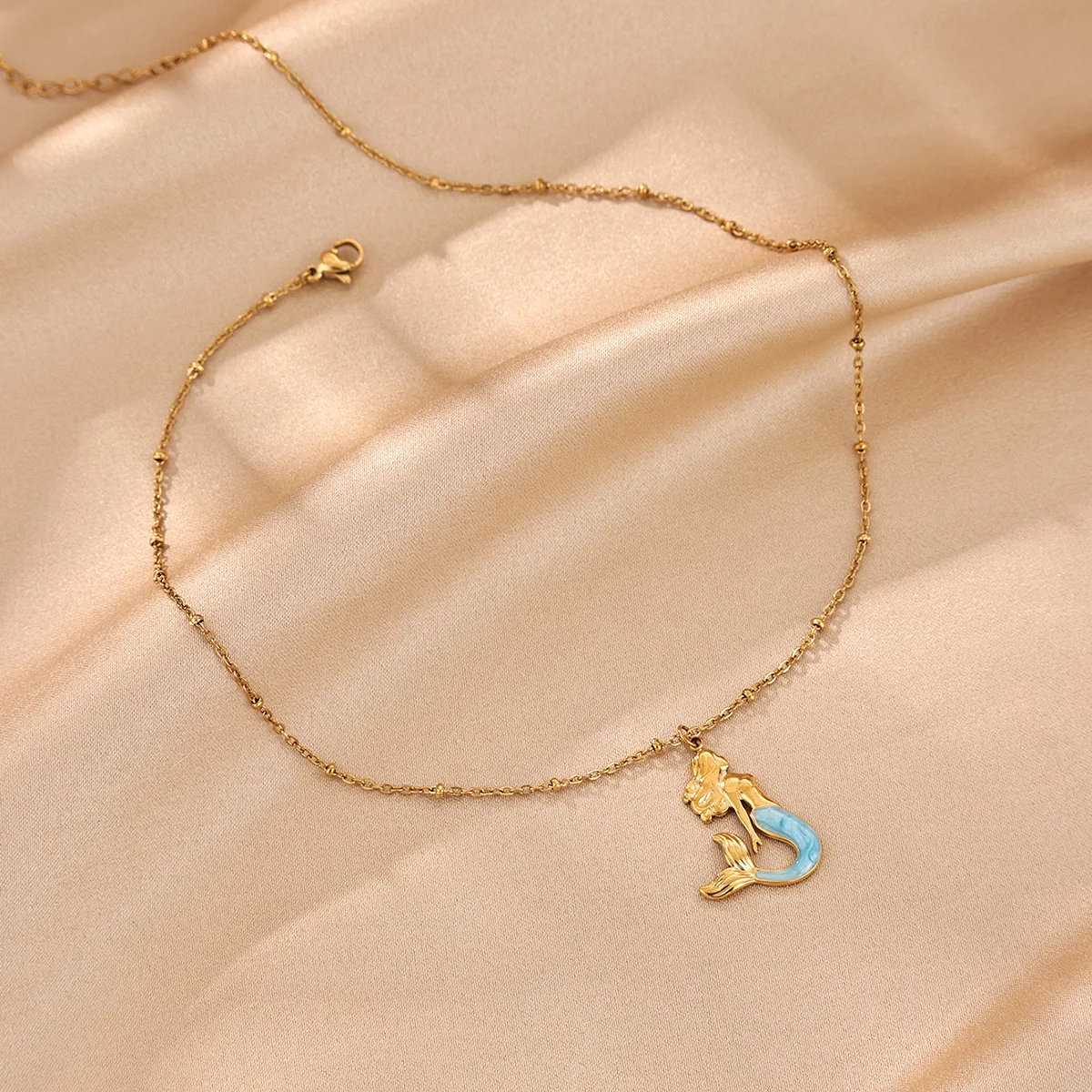 Blue Enamel Mermaid Pendant Necklaces For Women Gold Color Stainless Steel Beaded Chain Necklace Summer Beach Fashion Jewelry view 4