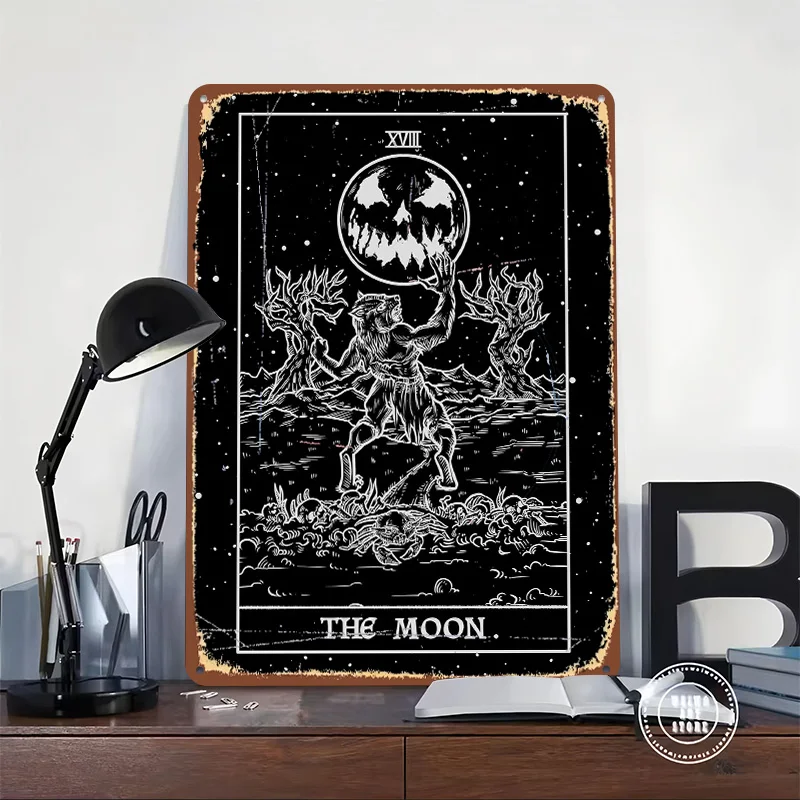 The Moon Tarot Card Shadow Tinplate Poster Customized Wall Art Vintage Metal Signs Retro Tin Plaque for Room Accessories House