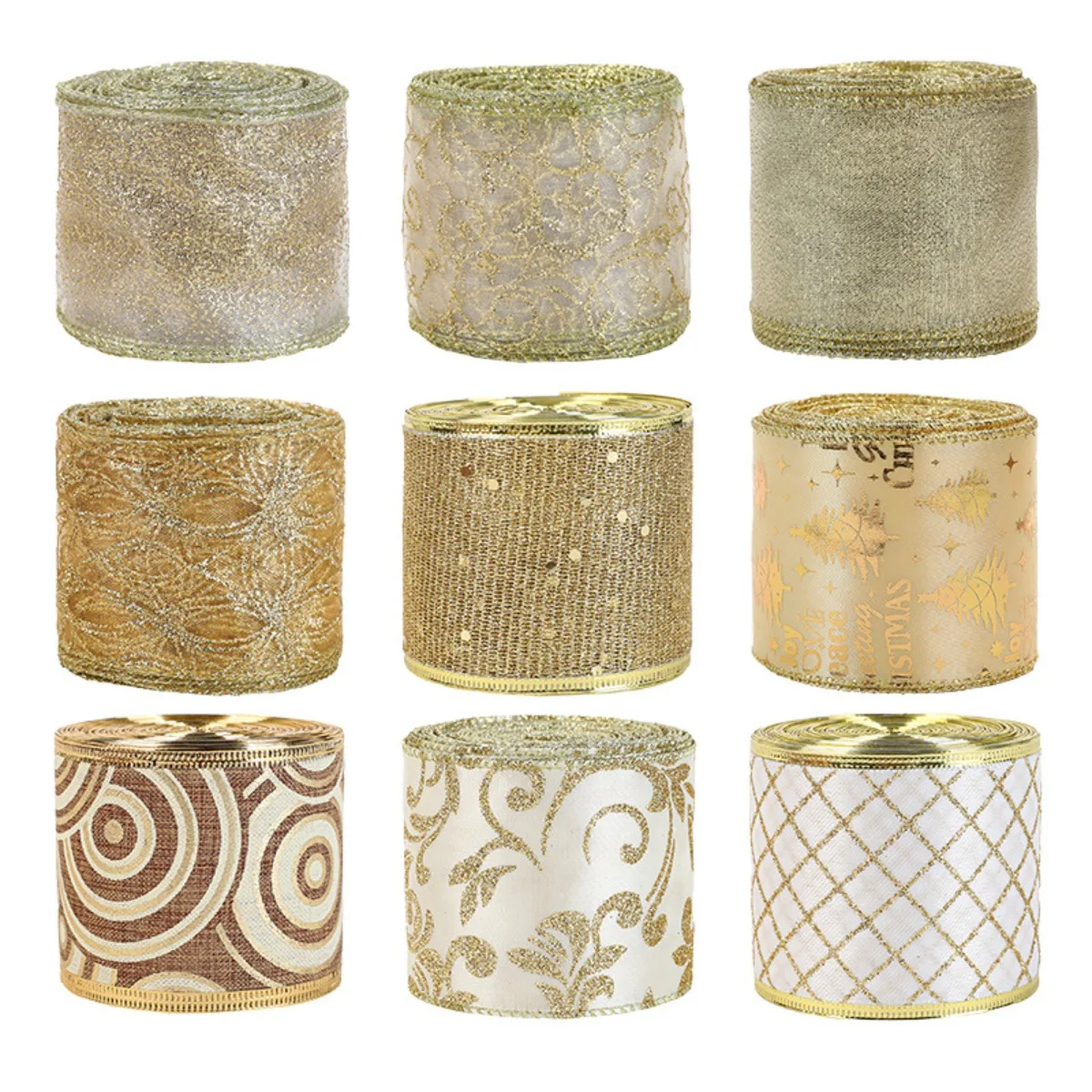 

Christmas Ribbon Gold Wired Edge Ribbons Bows for Xmas Tree Topper Crafts Gift Wrapping Wreath Garland DIY Packaging Ribbons
