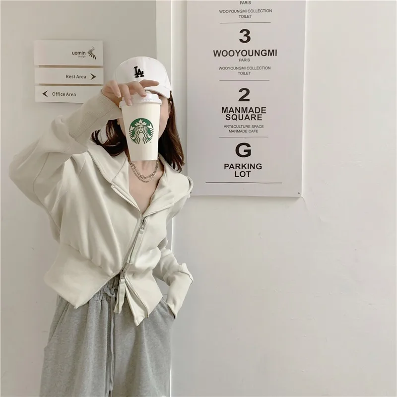 Gidyq Harajuku Streetwear Sweatshirt Women Fashion Double Zip Loose Hoodies Autumn Casual Female All Match Cropped Coats New