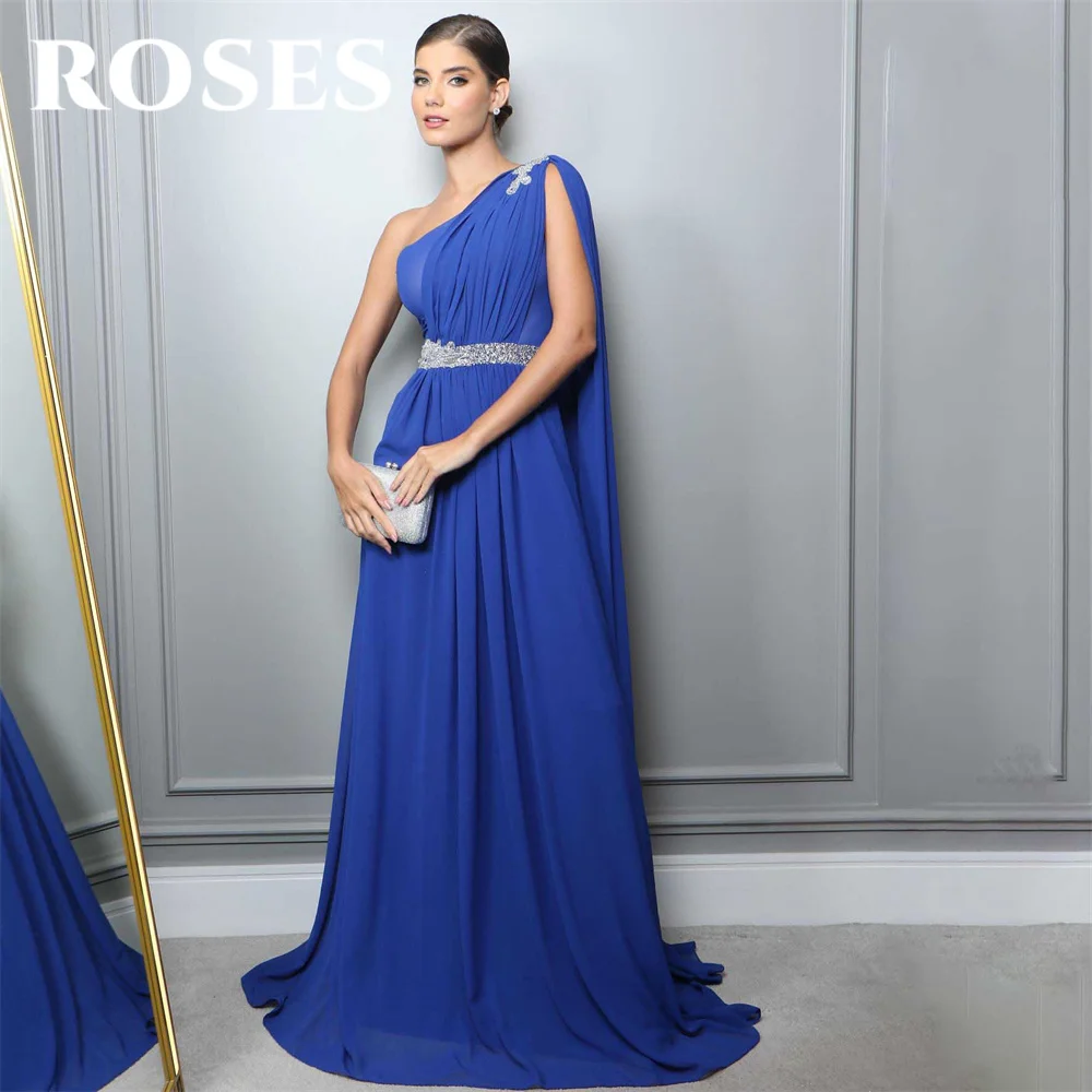 

ROSES Blue Evening Gown One-Shoulder Beach Sequins Party Dress with Pleats Satin Beading فساتين سهره Prom Dresses