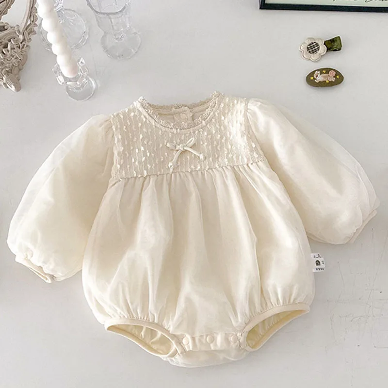 2025 New Spring Infant Baby Girl Bodysuits Long Sleeved Cotton Lace Splicing Newborn Baby Girl Jumpsuit 0-24M Baby Girl Clothing