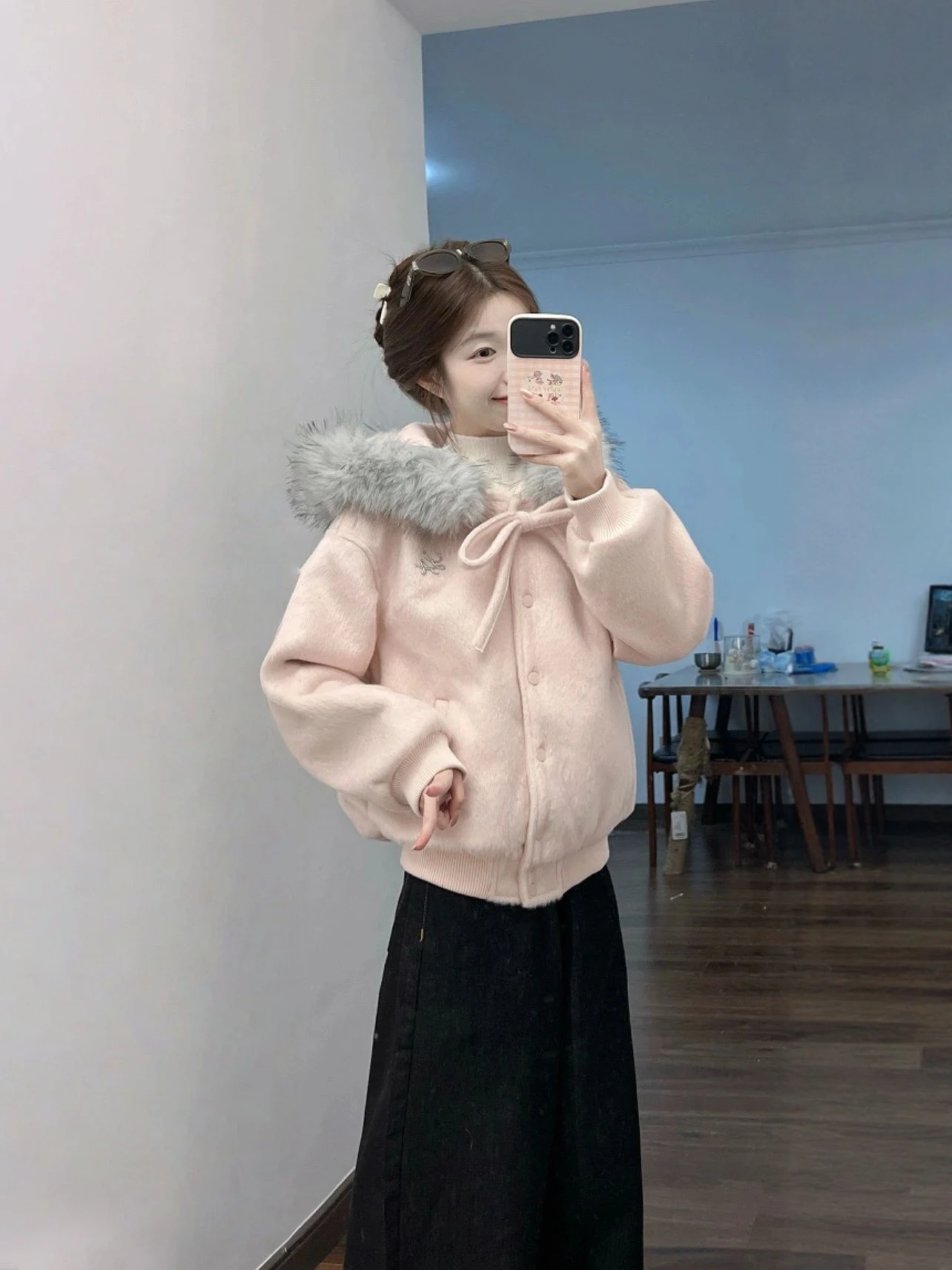 

Korean Sle ort Loose Women's Jaet with Hood Warm Faionable Casual Long Sve Color Button up Coat for Winter