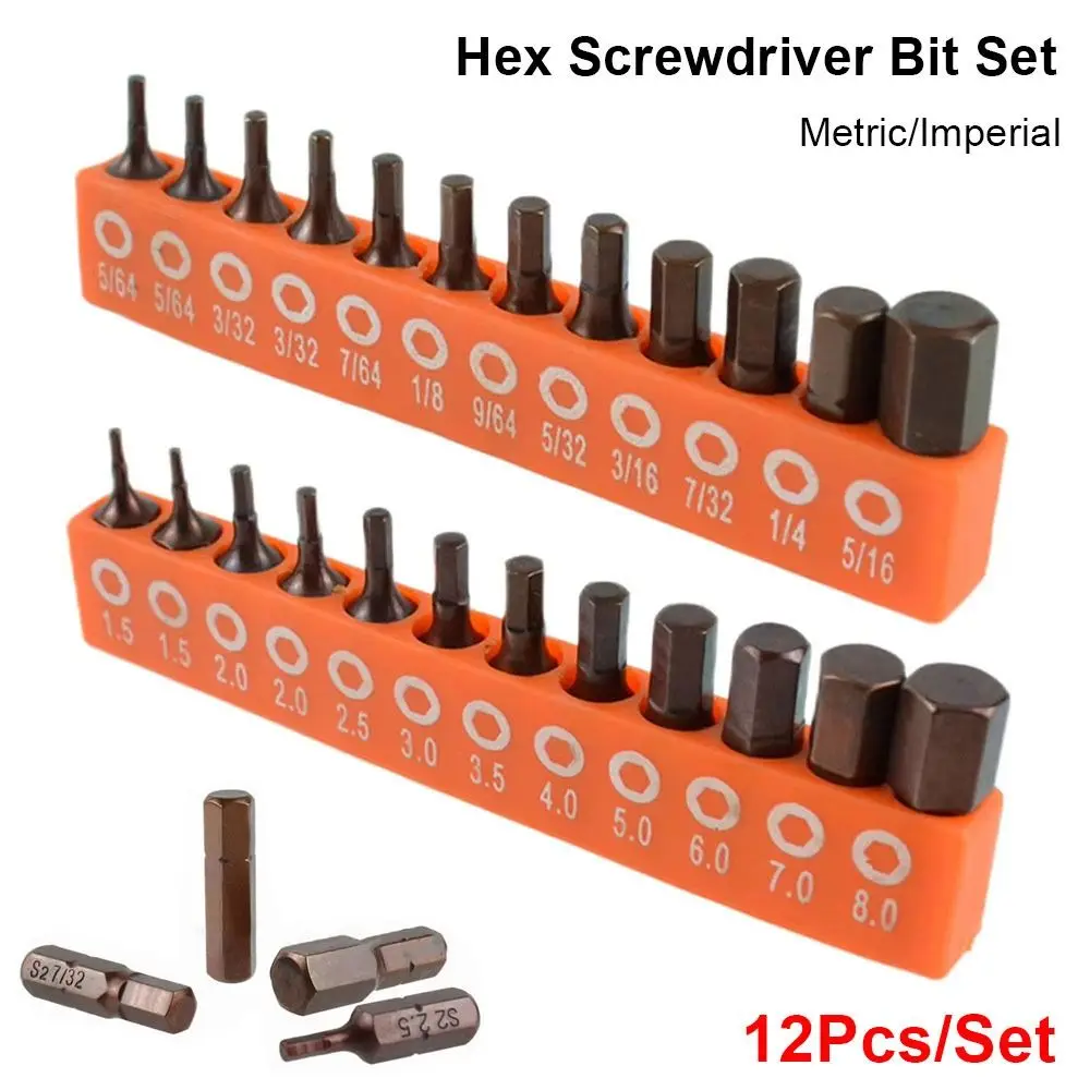 12Pcs S2 Alloy Steel Hex Screwdriver Bit Set Magnetlc 25mm Hexagonal Driver Bit 1/4in Hex Shank Metric/Imperial Driver Bit